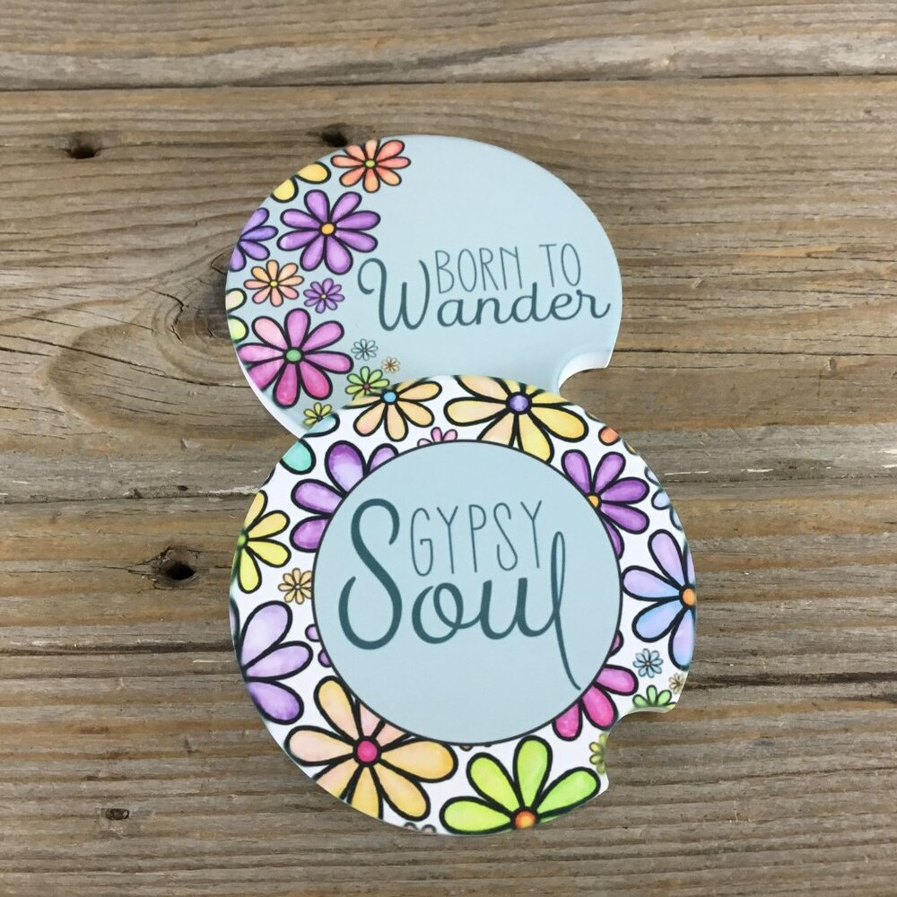 Gypsy Soul Born to Wander Floral Car Coasters Set of 2